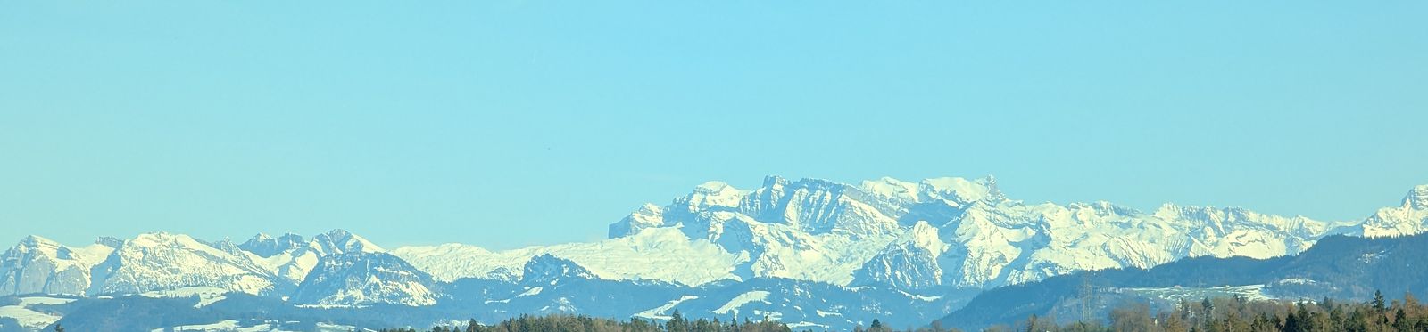 The Alps seen across forested hills from above Langnau am Albis.