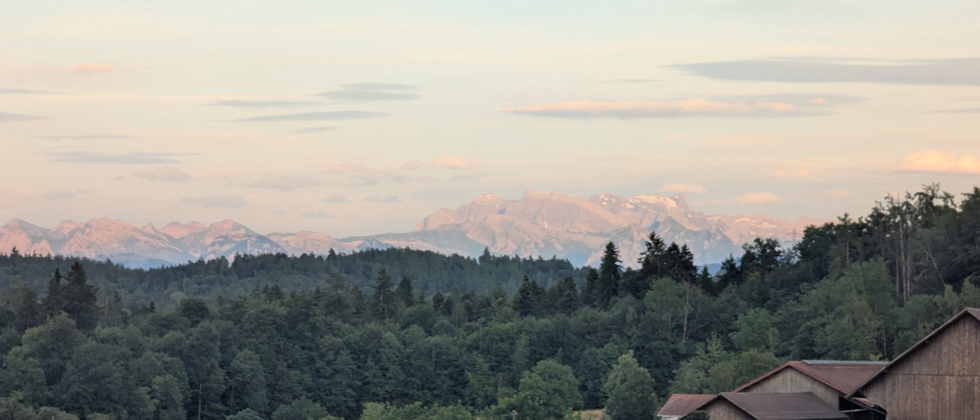 Alpenglow on the distant Alps at dusk, seen over the fields above Langnau.